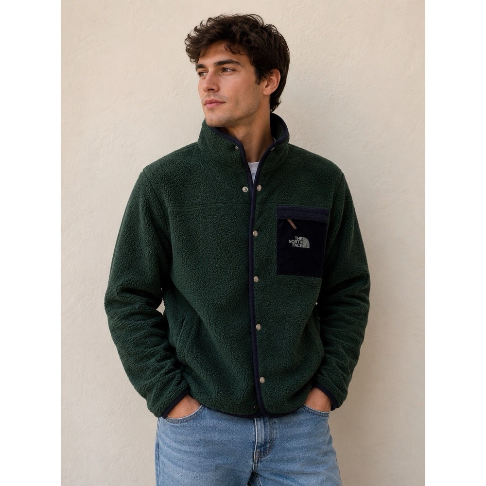 Men's Green Fleece North face Button Up Jacket Size Small
